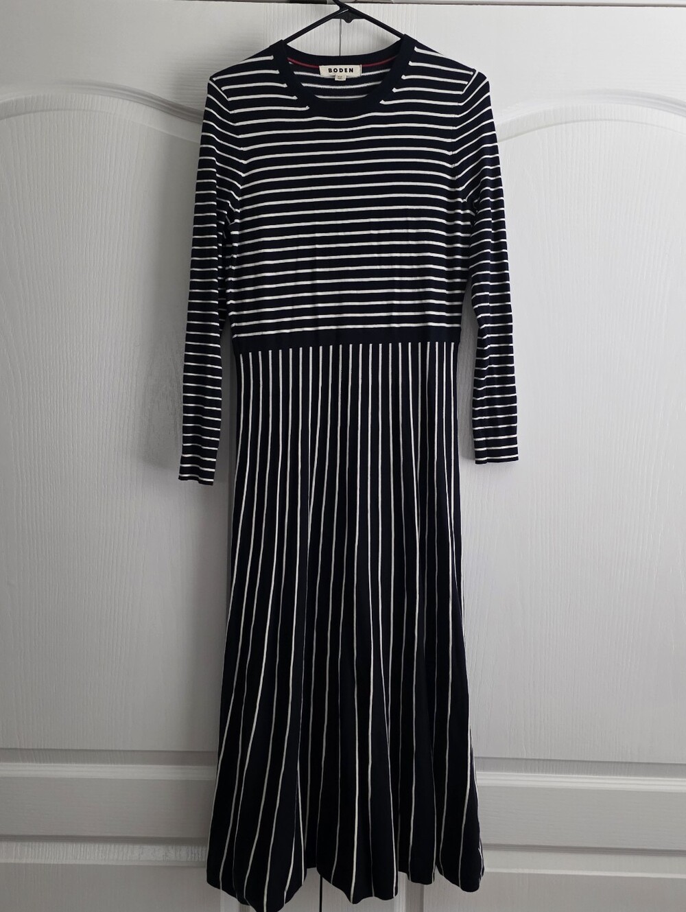Boden Maria Navy and White Striped Long-Sleeve Midi Dress Size 8 L